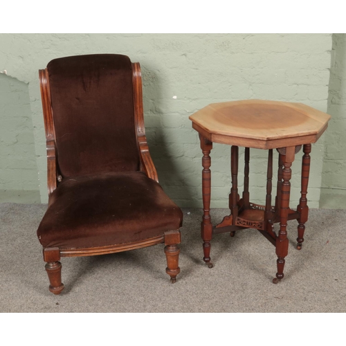 592 - A velvet upholstered mahogany parlor chair along with an octagonal window table.