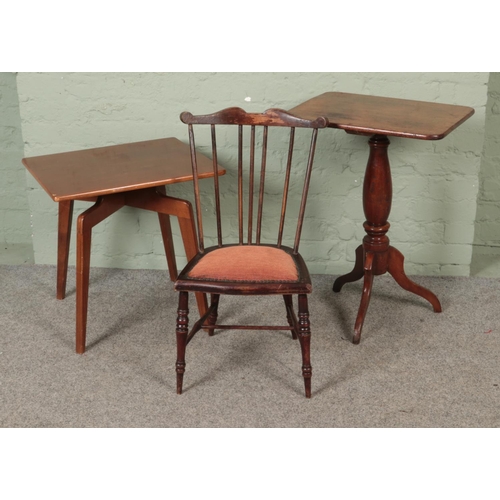 601 - A collection of occasional furniture to include small spindle back chair and two side tables with on... 