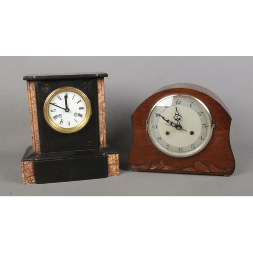 106 - Two mantle clocks, converted to quartz, to include Perivale and black slate examples.