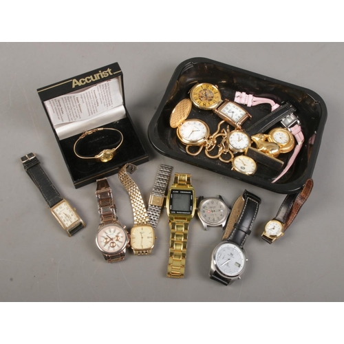 145 - A collection of watches. Includes boxed ladies Accurist example, manual watch head, quartz etc.