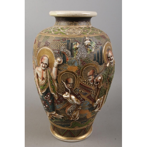 155 - A Japanese hand painted satsuma vase. Decorated with figures and animals. (31cm)