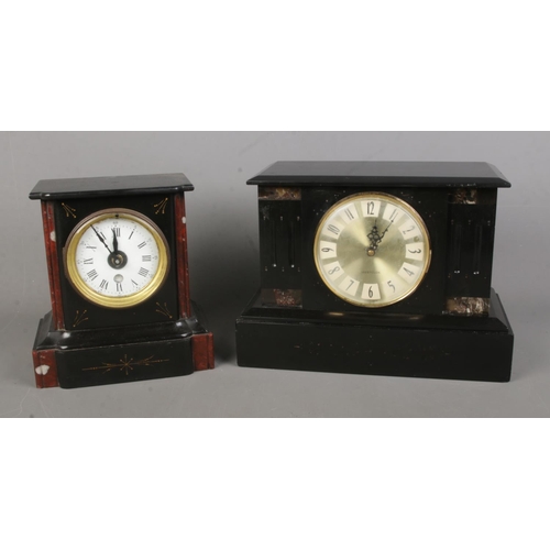 161 - Two black slate mantle clocks, converted to quartz, to include Westclox example.