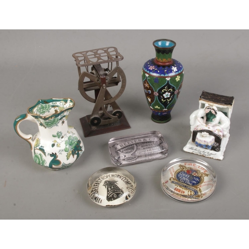 173 - A quantity of mixed collectables including Mason's jug, cloisonné vase, glass advertising paperweigh... 