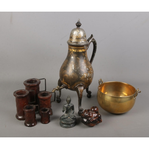 174 - A quantity of miscellaneous. Includes metal seated buddha, samovar, wooden graduated tankards, etc.