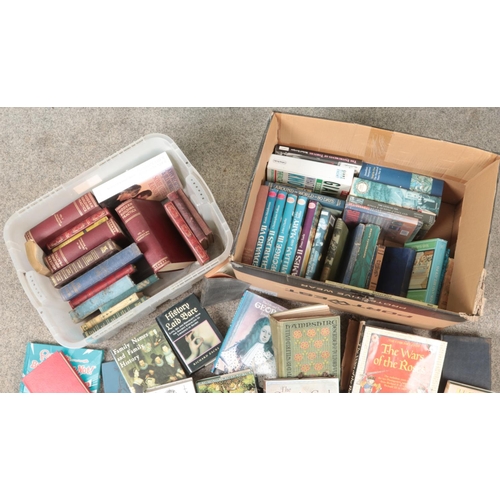 185 - Two boxes of assorted vintage and modern books to include Agatha Christie, Jules Verne, Book Club As... 