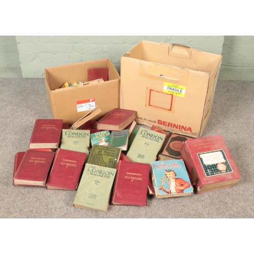 189 - Two boxes of assorted books and annuals to include Beano, Dandy, Kelly's Directory 1965-66, The Harm... 