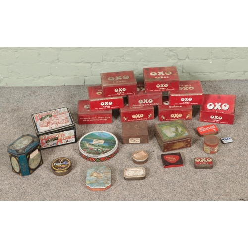 195 - A box of vintage tins. Includes a quantity of Oxo examples, etc.