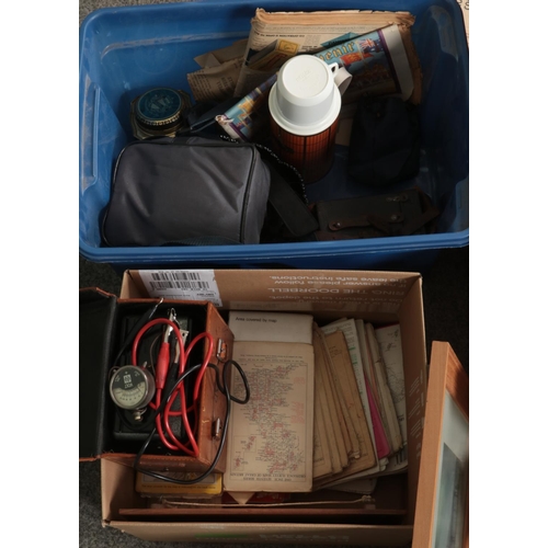 216 - Two boxes of miscellaneous to include Ricoh XR-20, Steplux binoculars, Widex mantle clock, glassware... 