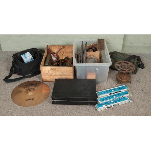 237 - Two boxes of miscellaneous to include camping stove, cd player, Zildjian cymbal, Marklin model railw... 