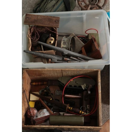 237 - Two boxes of miscellaneous to include camping stove, cd player, Zildjian cymbal, Marklin model railw... 