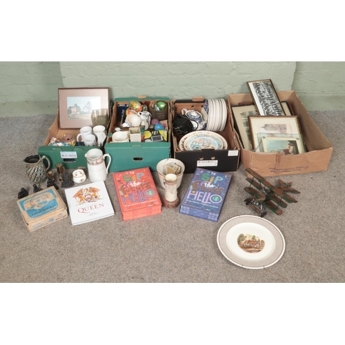 241 - Four boxes of miscellaneous. Includes blue & white Wedgwood cabinet plates, miniature miners lamps, ... 