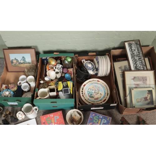 241 - Four boxes of miscellaneous. Includes blue & white Wedgwood cabinet plates, miniature miners lamps, ... 