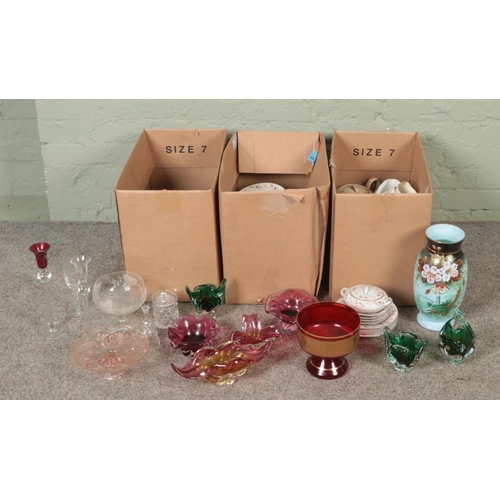 254 - Three boxes of miscellaneous. Includes Noritake Rosanne dinner/teawares, Bohemian art glass, hand pa... 