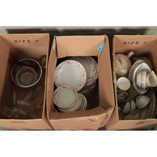 254 - Three boxes of miscellaneous. Includes Noritake Rosanne dinner/teawares, Bohemian art glass, hand pa... 