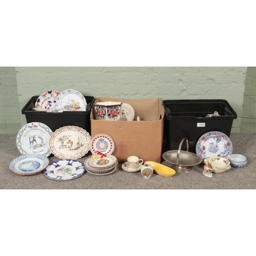 263 - Three boxes of assorted miscellaneous, to include various ceramics, swing handle basket, Masons plat... 