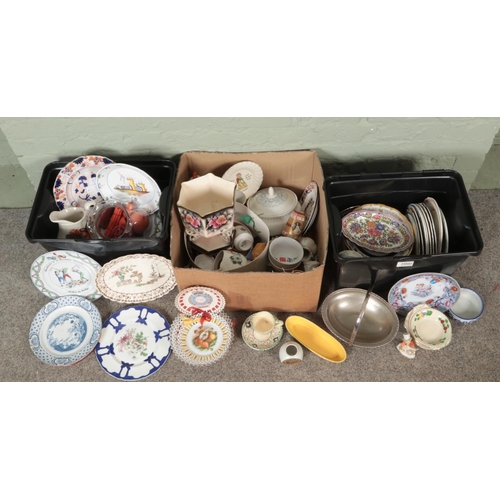 263 - Three boxes of assorted miscellaneous, to include various ceramics, swing handle basket, Masons plat... 