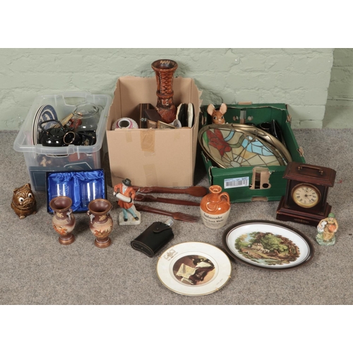 267 - Three boxes of miscellaneous. Includes tiffany style light shades, Woodpecker jug, figures, carved t... 