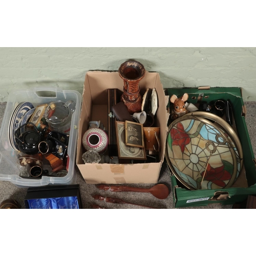 267 - Three boxes of miscellaneous. Includes tiffany style light shades, Woodpecker jug, figures, carved t... 