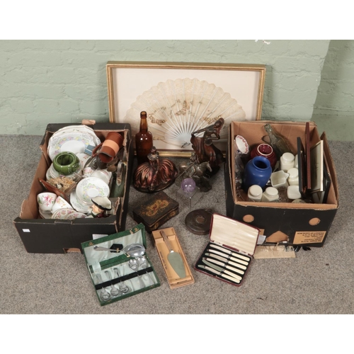 270 - Two boxes of miscellaneous. Includes vintage bottles, bone china teawares, Art Deco style figures, A... 