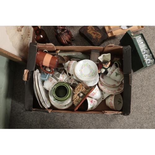 270 - Two boxes of miscellaneous. Includes vintage bottles, bone china teawares, Art Deco style figures, A... 