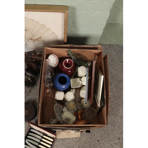 270 - Two boxes of miscellaneous. Includes vintage bottles, bone china teawares, Art Deco style figures, A... 