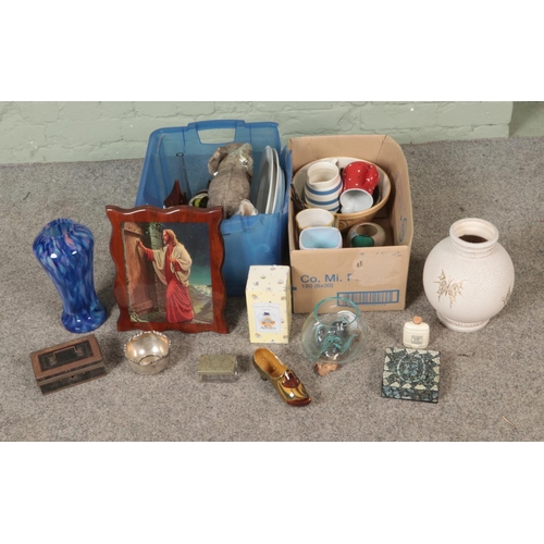 273 - Two boxes of miscellaneous to include L. Fontinelle butterfly vase, mother of pearl coasters, Aynsle... 