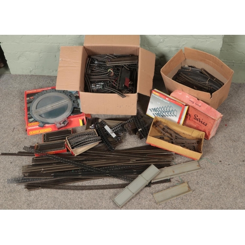 281 - Two boxes of model railway track, mostly 00 gauge. Includes Triang turntable, Hornby Dublo, Grafar e... 