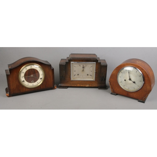 344 - Three wooden cased mantel clocks. Includes Enfield, Art Deco example, etc.