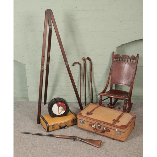 348 - A quantity of miscellaneous. Includes rocking chair, suitcase, folding easel, Stiletto box, etc.