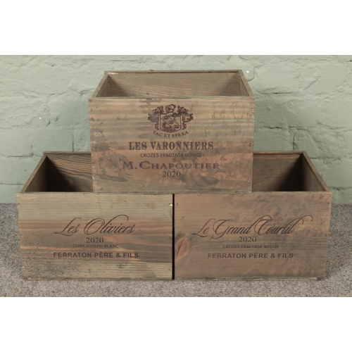 352 - Three wooden advertising wine crates. Includes Les Oliviers Saint Joseph Blanc 2020, Les Varonniers ... 