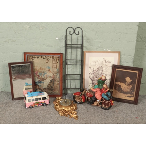 358 - A quantity of miscellaneous. Includes tapestry, composite figure of clowns on a motorbike, gilt wall... 