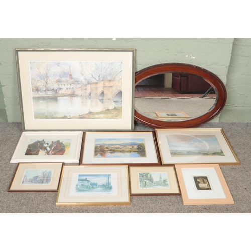 380 - A collection of assorted pictures and limited edition prints, together with an oval bevel edge mirro... 