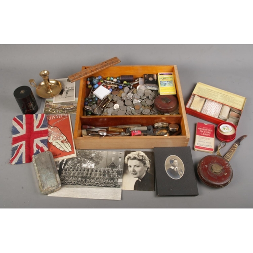 67 - A tray of collectables. Includes coins, lighters, Constantia tape measure, Durbarry compact, marbles... 