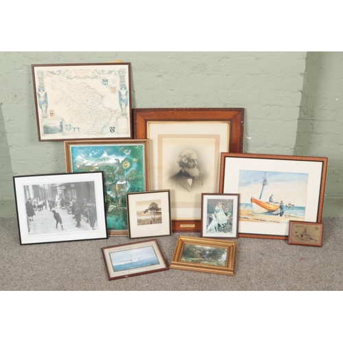 393 - A quantity of paintings and prints. Includes Val Dillon watercolour, portrait depicting James Henry ... 