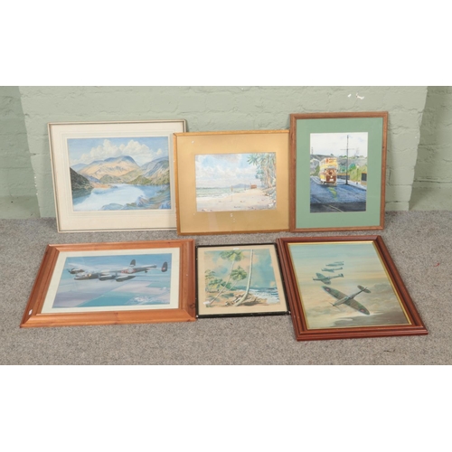 399 - A collection of framed pictures and prints to include aviation and watercolour landscape examples.