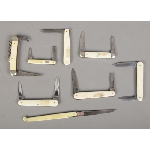 72 - Eight pocket knives with ivorine handles. Includes J.Clarke & Son, Butler, D.Peres Solingen, etc. CA... 