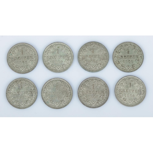 409 - Eight German 1 Kreuzer silver coins issued in the State of Bavaria. Features crowned arms of Bavaria... 