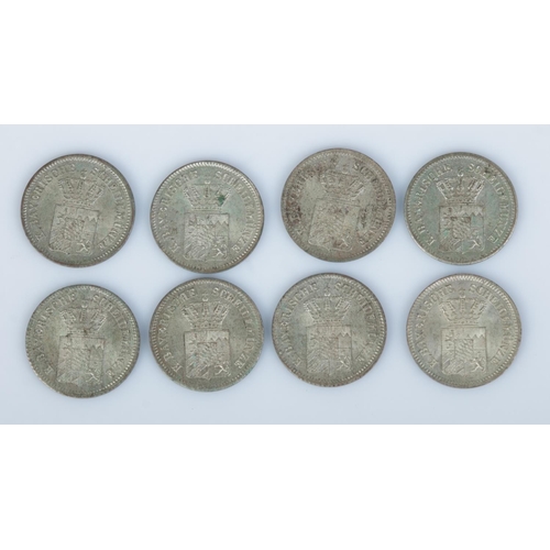 409 - Eight German 1 Kreuzer silver coins issued in the State of Bavaria. Features crowned arms of Bavaria... 