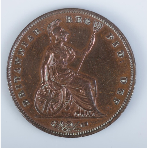 413 - An 1841 Victorian copper penny featuring uncrowned young head to obverse and no colon after REG on r... 