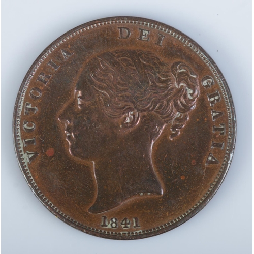 413 - An 1841 Victorian copper penny featuring uncrowned young head to obverse and no colon after REG on r... 