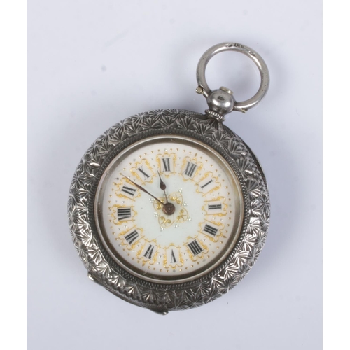 428 - A ladies silver pocket watch featuring roman numeral dial with gilt detail. Stamped 935 to inside.