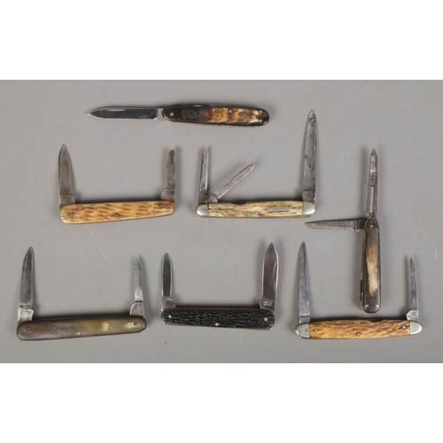 75 - Seven pocket knives with horn handles. Includes Taylor, Linkat Solingen, etc. CANNOT POST OVERSEAS.