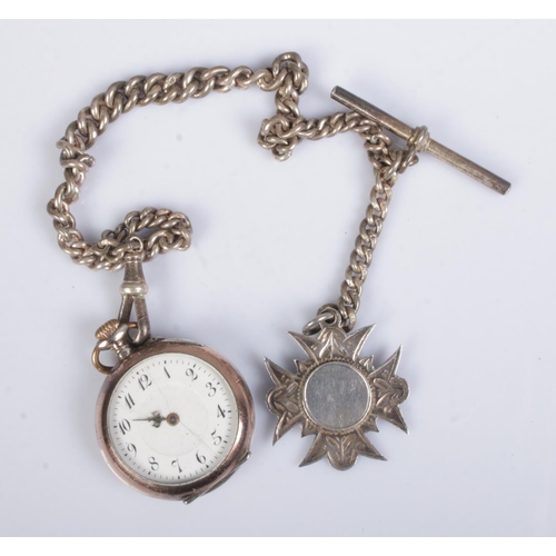 438 - A silver albert chain featuring silver fob, hallmarked for Chester 1919, and continental fob watch s... 