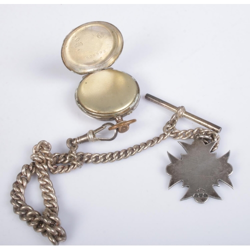 438 - A silver albert chain featuring silver fob, hallmarked for Chester 1919, and continental fob watch s... 