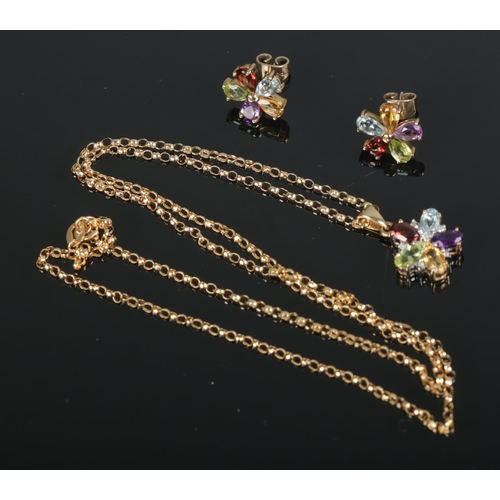 442 - A 9ct gold multi-gem demi parure jewellery suite formed as flowers. Total weight 4.2g.