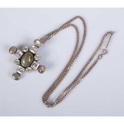 472 - A silver cruciform pendant set with labradorite stones one silver chain. Total weight 22.2g.