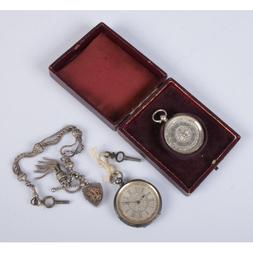 476 - Two silver fob watches along with a white metal Albertina chain with silver locket. One watch assaye... 