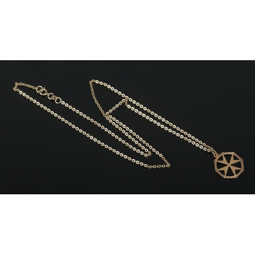 482 - A dainty 9ct Gold necklace chain, with yellow metal Maltese cross pendant. Total weight: 4.6g