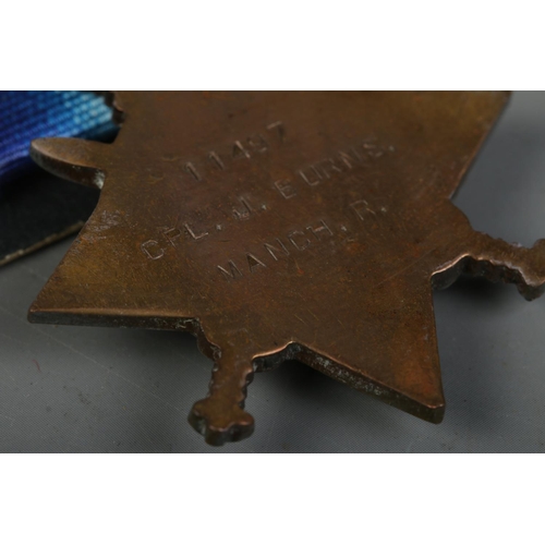 492 - A WWI trio of medals, awarded to Corporal Lieutenant Joseph Burns, 11497, Manchester Regiment. With ... 