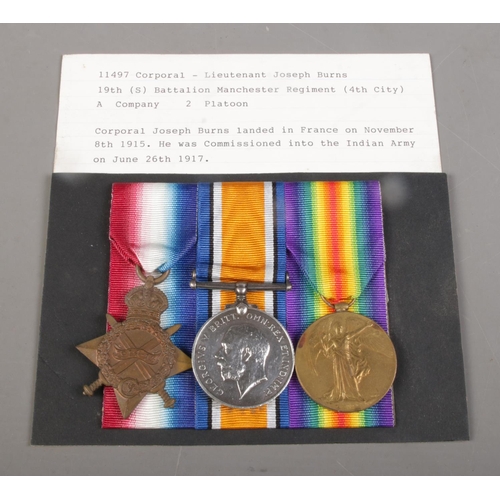 492 - A WWI trio of medals, awarded to Corporal Lieutenant Joseph Burns, 11497, Manchester Regiment. With ... 